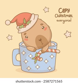 Cute Christmas Capybara in Santa hat in cup with striped candy cane with holly. New Year cartoon kawaii character. Vector illustration. Holiday card. Kids collection