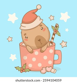 Cute Christmas Capybara in Santa hat in cup with striped candy cane with holly. New Year calm cartoon kawaii character. Vector illustration. Holiday cool card. Kids collection.