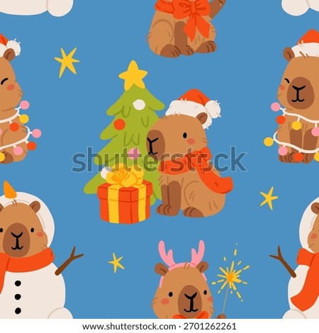 Cute Christmas capybara seamless pattern, funny winter animals with Santa hats, gifts, snowman, Christmas tree, and lights. Cozy holiday background. Flat cartoon vector illustration for New Year