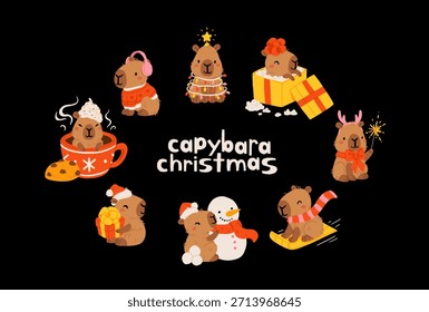 Bonito conjunto de adesivo de capivara de Natal. ilustração divertida vetor de férias com Santa capivara, boneco de neve, presentes, árvore, coroa de flores e cacau quente. adorável coleção de animais kawaii para impressão e design