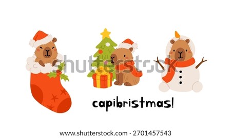 Cute Christmas capybara sticker set. cozy festive vector illustration with Santa capybara, snowman, cocoa mug, gift box, sleigh, cookies and lights. adorable kawaii animal collection for winter design