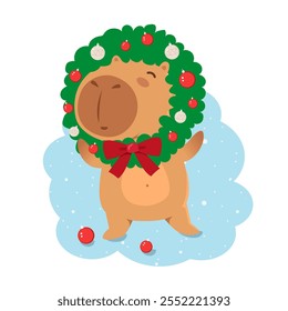 Cute Christmas capybara with Christmas wreath and red ribbon bow