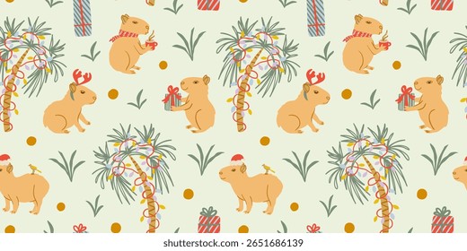 Cute Christmas capybaras on a beach under a palm tree seamless pattern. Childish background for fabric, wrapping paper, textile, wallpaper and apparel. Vector Illustration.