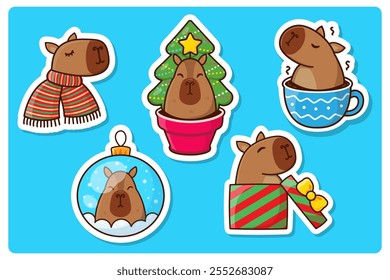 Süße Weihnachts-Capybaras. Aufkleber-Set. Vektorgrafik