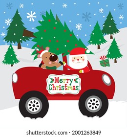 Cute christmas car, santa and reindeer for christmas greeting card, gift bag or box design