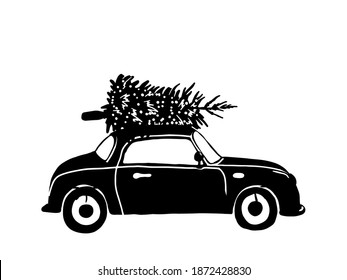Cute Christmas car with tree on top Silhouette. Vector black illustration. Perfect for greeting card, poster, decoration, sublimation printing, web design, logo, banner, announcement