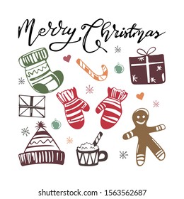 Cute christmas card with accessories for the holiday. Christmas toys, gift socks, mittens, hat, candy canes, cocoa, gifts. Merry Christmas Greetings. Lettering merry christmas vector illustration 