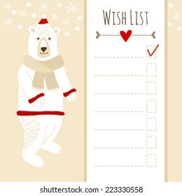 Cute christmas card or baby shower wish list with polar bear, vector illustration background