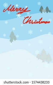 cute Christmas card, banner, poster contain courtyard and red alphabets on light blue land background with fall of snowflake