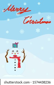 cute Christmas card, banner, poster contain smiling snowman with red scarf has gift box on his head and red alphabets on light blue land background with fall of snowflake