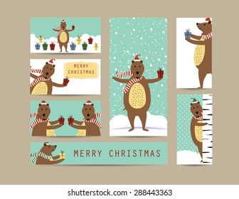 Cute christmas card and banners with  bear 