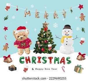 cute Christmas card with bear doll, snow man and Christas tree vector illustration