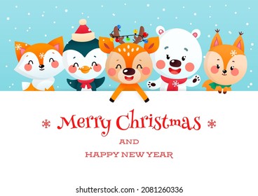 Cute Christmas card with cartoon animals. Winter illustration of a funny deer, a polar bear, a fox, a squirrel and a penguin holding a big white signboard on a snowy background.