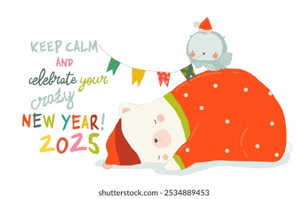 Cute Christmas Card with Cartoon Bear and Polar Owl. Vector Illustration