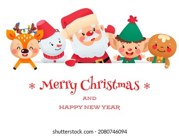 Cute Christmas card with cartoon characters. Winter illustration of funny Santa Claus, an elf, a gingerbread man, a snowman and a little deer holding a big white signboard on a white background.