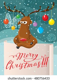 Cute Christmas card. Cartoon deer with paper banner for your text on winter landscape. Design element for backgrounds, posters and placards