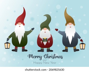 Cute Christmas card with cartoon gnomes in hats. Seasons greeting.Three gnomes on a snowy background. Merry Christmas. Winter holiday vector illustration for a postcard.