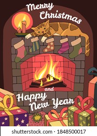 Cute christmas card with cat, fireplace, gifts, candles. Hand drawn illustration, vector.