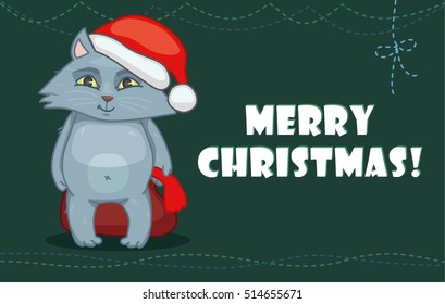 cute christmas card. Christmas cat on a green background. vector