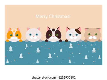 cute Christmas card with cats. vector flat illustration. festive background.