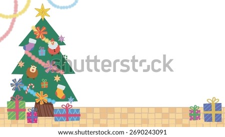 Cute Christmas Card with Decorated Tree and Gifts. Children's Illustration Style Greeting Card with Blank Writing Space.