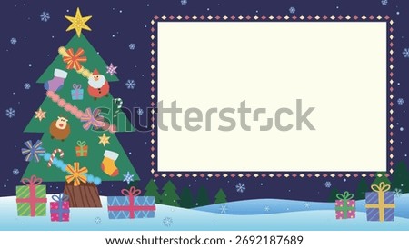 Cute Christmas Card with Decorated Tree and Gifts. Children's Illustration Style Greeting Card with Blank Writing Space.