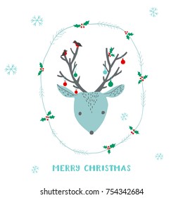 Cute Christmas card with deer, bullfinches, snowflakes and round frame with holly