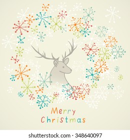 cute Christmas card with deer and snowflakes frame