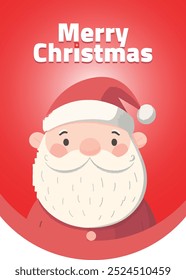 A cute Christmas card design featuring an adorable, smiling Santa Claus with a white beard and hat, wearing a red suit,flat illustration