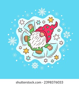 Cute Christmas card design with funny gnome. Xmas vector illustration. Sweet scandinavian gnome playful character making snow angel fun. Festive greeting card, invitation, holiday funny print.