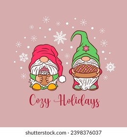 Cute Christmas card design with funny gnomes. Xmas vector illustration. Sweet scandinavian gnome characters holding cocoa cup and christmas pie. Festive greeting card cozy holidays.