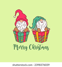 Cute Christmas card design with funny gnomes. Xmas vector illustration for holiday greeting. Sweet scandinavian gnome baby characters sitting on gift boxes. Festive greeting card Merry Christmas text.