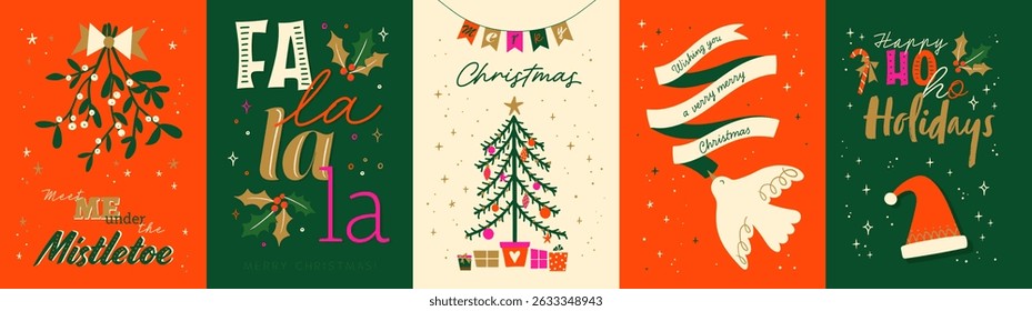 Cute christmas card designs, modern style with vibrant colors and hand drawn vector elements.