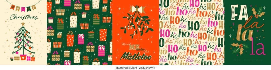 Cute  christmas card designs and seamless patterns, modern style with vibrant colors and hand drawn vector elements.