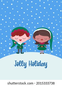 Cute Christmas card elves boy and girl. Winter holiday design template with elf. Blue background falling snow. Santa`s little helpers. Carol singers. Kawaii style. Kids wearing elves green costumes.