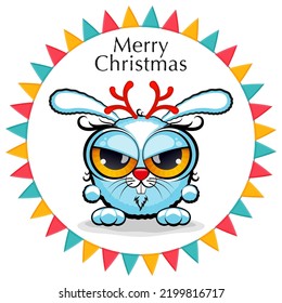 Cute Christmas card and an evil rabbit and deer antlers  Concept for greeting card  banner holiday invitation 