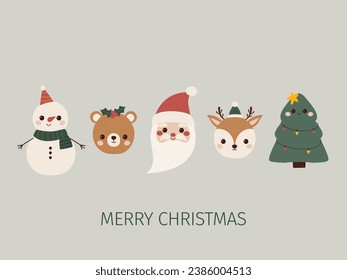 Cute Christmas card fabulous Santa,christmas tree, snowman, bear and deer. Charming festive characters doodle style. Funny design creative greeting. Perfect for invitation, postcard, social media