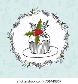Cute Christmas card with floral wreath and traditional british christmas pudding