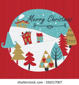 Cute christmas card with forest trees and houses in cartoon style.