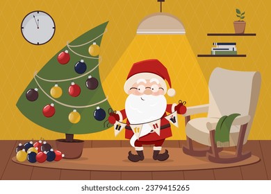 Cute Christmas card with funny Santa Claus decorating Christmas tree with toys, garland, glass. Cozy holiday room. Christmas, New Year coloured vector illustration. Collection of cards with Santa