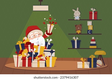 Cute Christmas card with funny Santa Claus finding gift box. Toys and presents. Christmas, New Year coloured vector illustration. Collection of cards with Santa