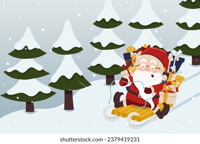 Cute Christmas card with funny Santa Claus riding sleigh very fast with a lot of gift boxes. Winter snowy landscape. Christmas, New Year coloured vector illustration. Collection of cards with Santa
