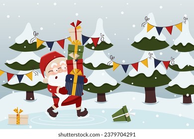 Cute Christmas card with funny Santa Claus holding tower of gift boxes on ice skates. Winter snowy landscape. Christmas, New Year coloured vector illustration. Collection of cards with Santa