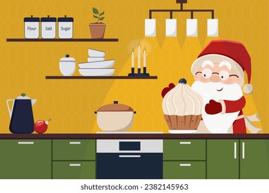 Cute Christmas card with funny Santa Claus baking big cupcake. Cooking and preparing food. Cozy kitchen interior. Christmas, New Year coloured vector illustration. Collection of cards with Santa