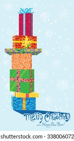 Cute Christmas card with gift boxes. Merry Christmas and Happy New Year lettering composition. Cartoon winter holidays background. Vector illustration