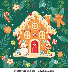 Cute Christmas card with Gingerbread house and christmas cookie. Gingerbread baked christmas candy cookies decorative food for winter celebration time vector stylized funny house.