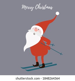 Cute Christmas card with a gnome on skis. Merry Christmas and Happy New Year greeting card.