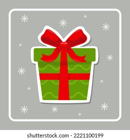 Cute Christmas card with green gift box and red bow. Winter sticker. Festive decoration, surprise. Greeting card, frame for Christmas, New Year. Design for postcard, invitation. Vector illustration