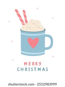 A cute Christmas card. A hand-drawn mug with a heart. Vector illustration