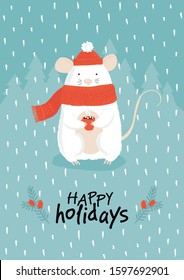 Cute christmas card in hand-drawn style. Funny mouse with cap of cacao and wish "Happy holiday"